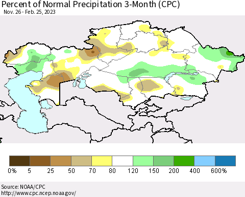Kazakhstan Percent of Normal Precipitation 3-Month (CPC) Thematic Map For 11/26/2022 - 2/25/2023