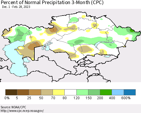 Kazakhstan Percent of Normal Precipitation 3-Month (CPC) Thematic Map For 12/1/2022 - 2/28/2023
