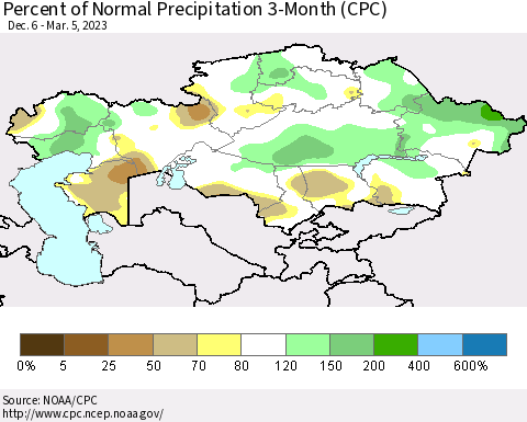Kazakhstan Percent of Normal Precipitation 3-Month (CPC) Thematic Map For 12/6/2022 - 3/5/2023