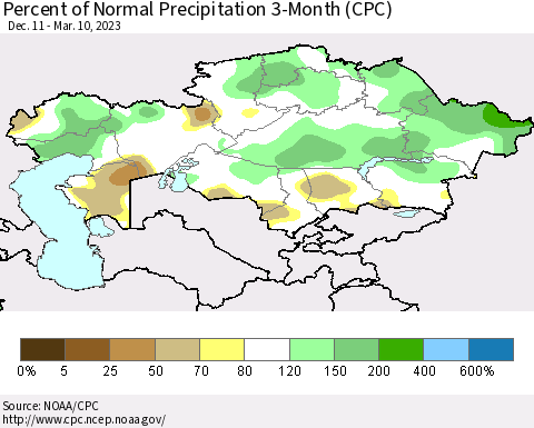 Kazakhstan Percent of Normal Precipitation 3-Month (CPC) Thematic Map For 12/11/2022 - 3/10/2023
