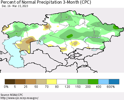 Kazakhstan Percent of Normal Precipitation 3-Month (CPC) Thematic Map For 12/16/2022 - 3/15/2023