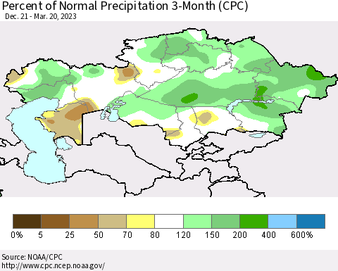 Kazakhstan Percent of Normal Precipitation 3-Month (CPC) Thematic Map For 12/21/2022 - 3/20/2023