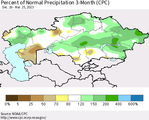 Kazakhstan Percent of Normal Precipitation 3-Month (CPC) Thematic Map For 12/26/2022 - 3/25/2023