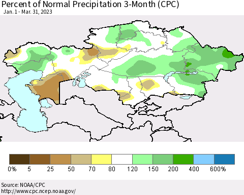 Kazakhstan Percent of Normal Precipitation 3-Month (CPC) Thematic Map For 1/1/2023 - 3/31/2023