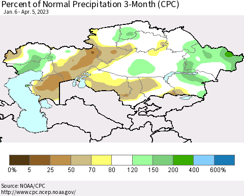 Kazakhstan Percent of Normal Precipitation 3-Month (CPC) Thematic Map For 1/6/2023 - 4/5/2023