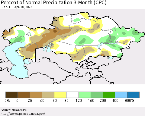 Kazakhstan Percent of Normal Precipitation 3-Month (CPC) Thematic Map For 1/11/2023 - 4/10/2023