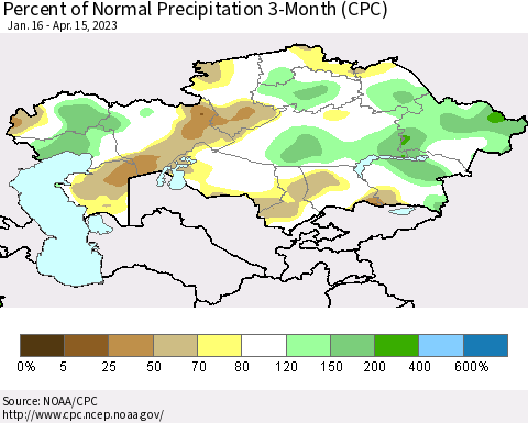 Kazakhstan Percent of Normal Precipitation 3-Month (CPC) Thematic Map For 1/16/2023 - 4/15/2023