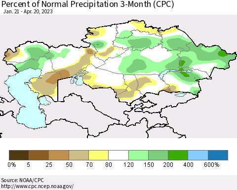 Kazakhstan Percent of Normal Precipitation 3-Month (CPC) Thematic Map For 1/21/2023 - 4/20/2023