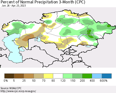 Kazakhstan Percent of Normal Precipitation 3-Month (CPC) Thematic Map For 1/26/2023 - 4/25/2023