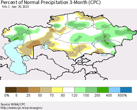 Kazakhstan Percent of Normal Precipitation 3-Month (CPC) Thematic Map For 2/1/2023 - 4/30/2023