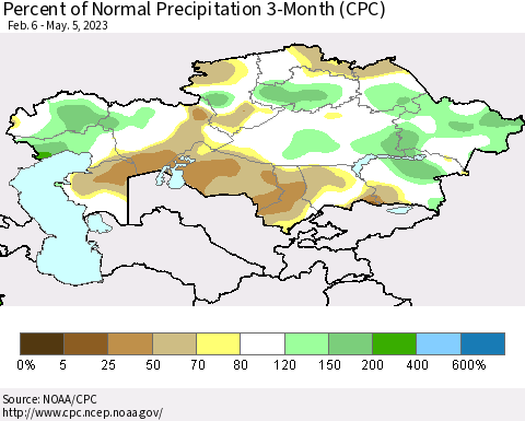 Kazakhstan Percent of Normal Precipitation 3-Month (CPC) Thematic Map For 2/6/2023 - 5/5/2023
