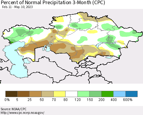 Kazakhstan Percent of Normal Precipitation 3-Month (CPC) Thematic Map For 2/11/2023 - 5/10/2023