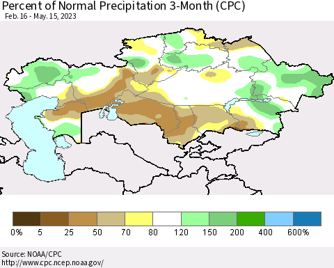 Kazakhstan Percent of Normal Precipitation 3-Month (CPC) Thematic Map For 2/16/2023 - 5/15/2023