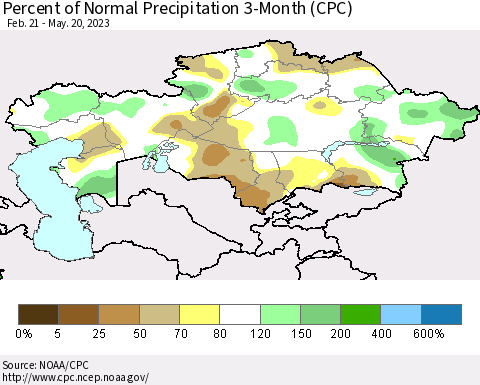 Kazakhstan Percent of Normal Precipitation 3-Month (CPC) Thematic Map For 2/21/2023 - 5/20/2023