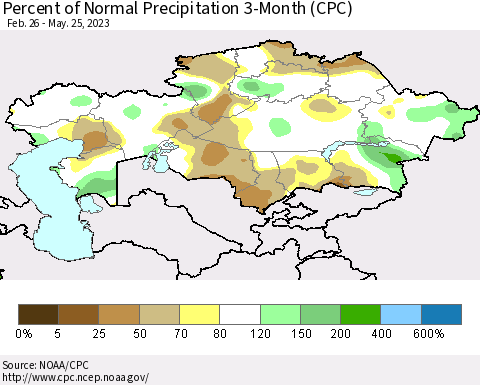 Kazakhstan Percent of Normal Precipitation 3-Month (CPC) Thematic Map For 2/26/2023 - 5/25/2023