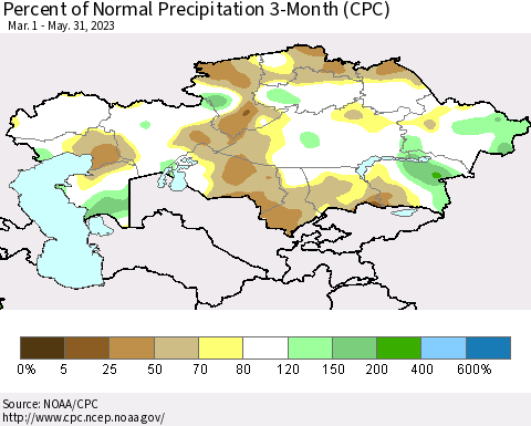 Kazakhstan Percent of Normal Precipitation 3-Month (CPC) Thematic Map For 3/1/2023 - 5/31/2023