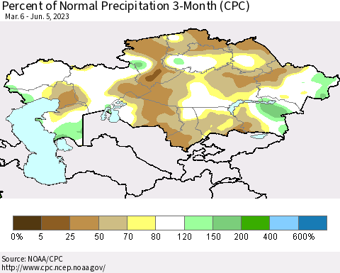Kazakhstan Percent of Normal Precipitation 3-Month (CPC) Thematic Map For 3/6/2023 - 6/5/2023