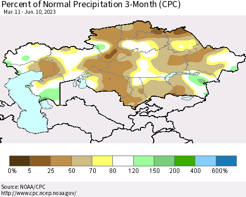 Kazakhstan Percent of Normal Precipitation 3-Month (CPC) Thematic Map For 3/11/2023 - 6/10/2023