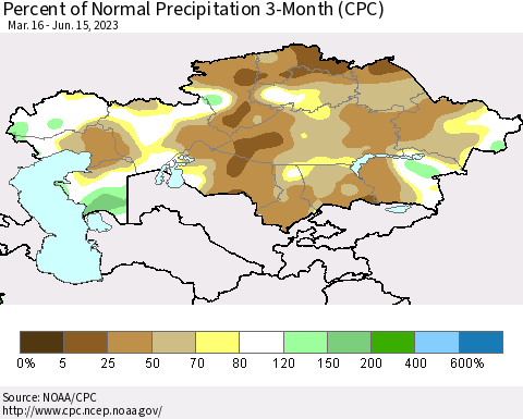 Kazakhstan Percent of Normal Precipitation 3-Month (CPC) Thematic Map For 3/16/2023 - 6/15/2023