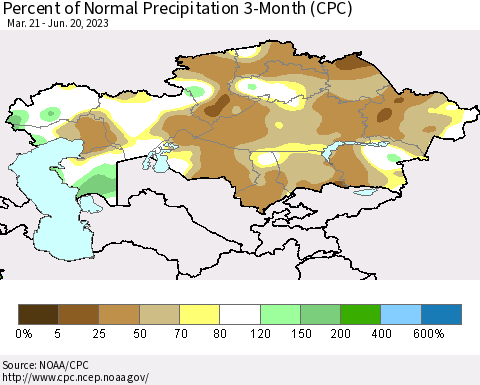 Kazakhstan Percent of Normal Precipitation 3-Month (CPC) Thematic Map For 3/21/2023 - 6/20/2023