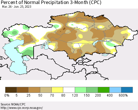 Kazakhstan Percent of Normal Precipitation 3-Month (CPC) Thematic Map For 3/26/2023 - 6/25/2023