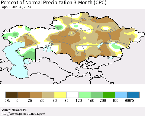 Kazakhstan Percent of Normal Precipitation 3-Month (CPC) Thematic Map For 4/1/2023 - 6/30/2023