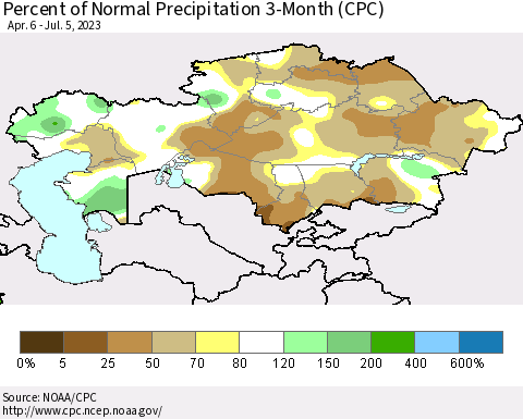 Kazakhstan Percent of Normal Precipitation 3-Month (CPC) Thematic Map For 4/6/2023 - 7/5/2023