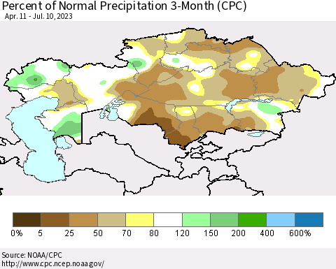 Kazakhstan Percent of Normal Precipitation 3-Month (CPC) Thematic Map For 4/11/2023 - 7/10/2023
