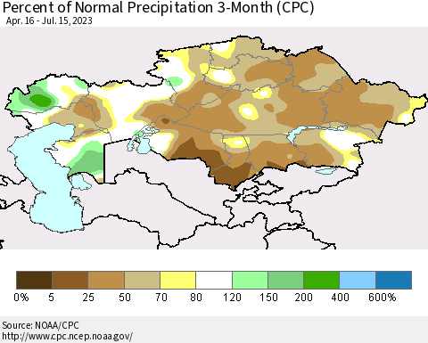 Kazakhstan Percent of Normal Precipitation 3-Month (CPC) Thematic Map For 4/16/2023 - 7/15/2023