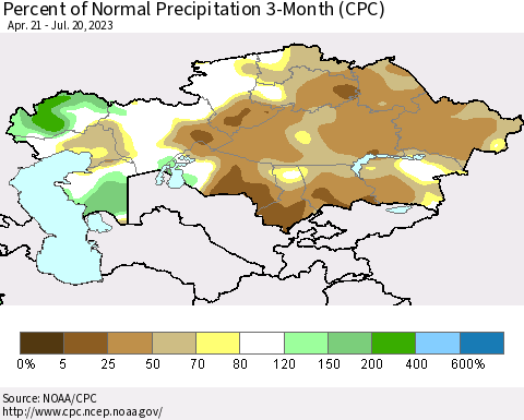 Kazakhstan Percent of Normal Precipitation 3-Month (CPC) Thematic Map For 4/21/2023 - 7/20/2023