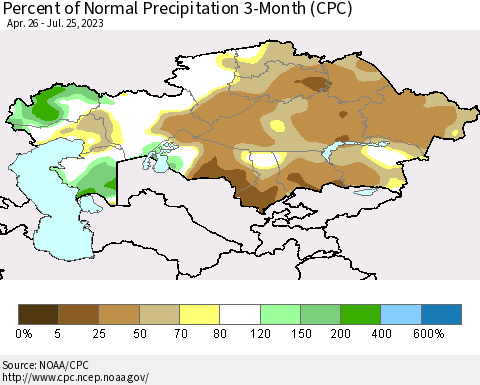 Kazakhstan Percent of Normal Precipitation 3-Month (CPC) Thematic Map For 4/26/2023 - 7/25/2023