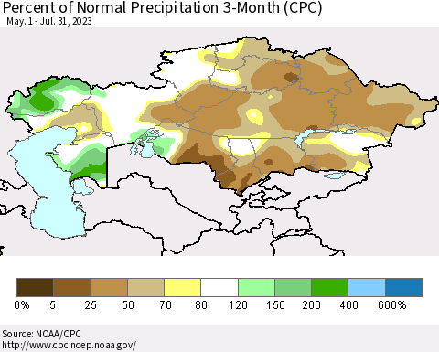 Kazakhstan Percent of Normal Precipitation 3-Month (CPC) Thematic Map For 5/1/2023 - 7/31/2023