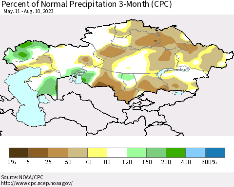 Kazakhstan Percent of Normal Precipitation 3-Month (CPC) Thematic Map For 5/11/2023 - 8/10/2023