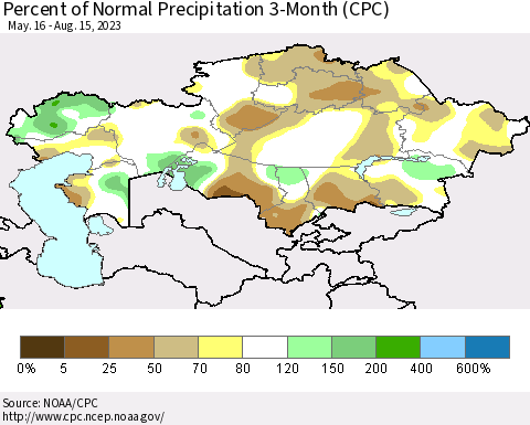 Kazakhstan Percent of Normal Precipitation 3-Month (CPC) Thematic Map For 5/16/2023 - 8/15/2023