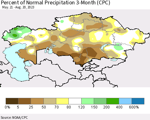 Kazakhstan Percent of Normal Precipitation 3-Month (CPC) Thematic Map For 5/21/2023 - 8/20/2023