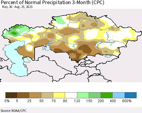 Kazakhstan Percent of Normal Precipitation 3-Month (CPC) Thematic Map For 5/26/2023 - 8/25/2023