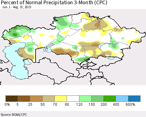Kazakhstan Percent of Normal Precipitation 3-Month (CPC) Thematic Map For 6/1/2023 - 8/31/2023