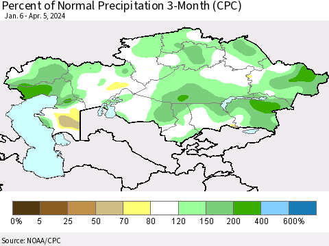 Kazakhstan Percent of Normal Precipitation 3-Month (CPC) Thematic Map For 1/6/2024 - 4/5/2024