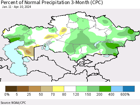 Kazakhstan Percent of Normal Precipitation 3-Month (CPC) Thematic Map For 1/11/2024 - 4/10/2024