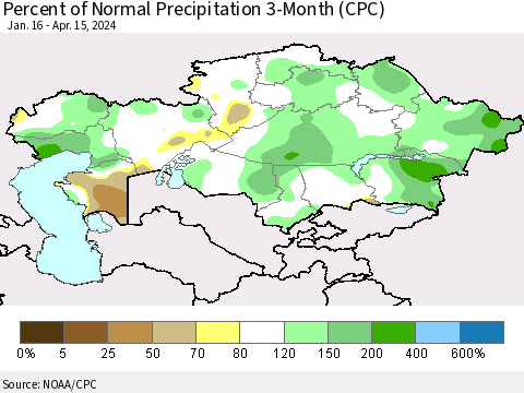 Kazakhstan Percent of Normal Precipitation 3-Month (CPC) Thematic Map For 1/16/2024 - 4/15/2024
