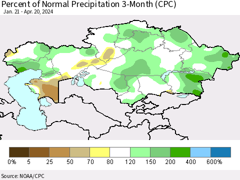Kazakhstan Percent of Normal Precipitation 3-Month (CPC) Thematic Map For 1/21/2024 - 4/20/2024