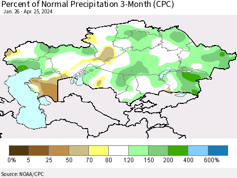 Kazakhstan Percent of Normal Precipitation 3-Month (CPC) Thematic Map For 1/26/2024 - 4/25/2024