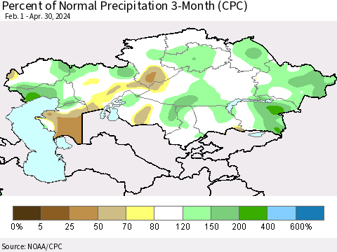 Kazakhstan Percent of Normal Precipitation 3-Month (CPC) Thematic Map For 2/1/2024 - 4/30/2024