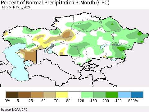 Kazakhstan Percent of Normal Precipitation 3-Month (CPC) Thematic Map For 2/6/2024 - 5/5/2024