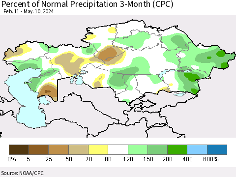 Kazakhstan Percent of Normal Precipitation 3-Month (CPC) Thematic Map For 2/11/2024 - 5/10/2024
