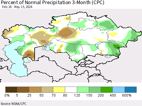 Kazakhstan Percent of Normal Precipitation 3-Month (CPC) Thematic Map For 2/16/2024 - 5/15/2024