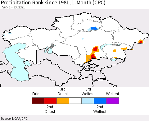 Kazakhstan Precipitation Rank since 1981, 1-Month (CPC) Thematic Map For 9/1/2021 - 9/30/2021