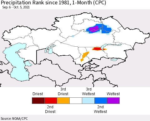 Kazakhstan Precipitation Rank since 1981, 1-Month (CPC) Thematic Map For 9/6/2021 - 10/5/2021
