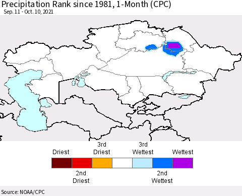 Kazakhstan Precipitation Rank since 1981, 1-Month (CPC) Thematic Map For 9/11/2021 - 10/10/2021