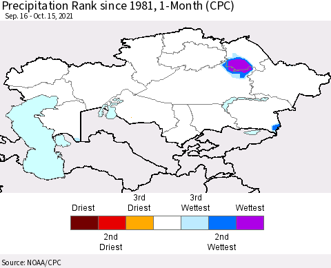 Kazakhstan Precipitation Rank since 1981, 1-Month (CPC) Thematic Map For 9/16/2021 - 10/15/2021